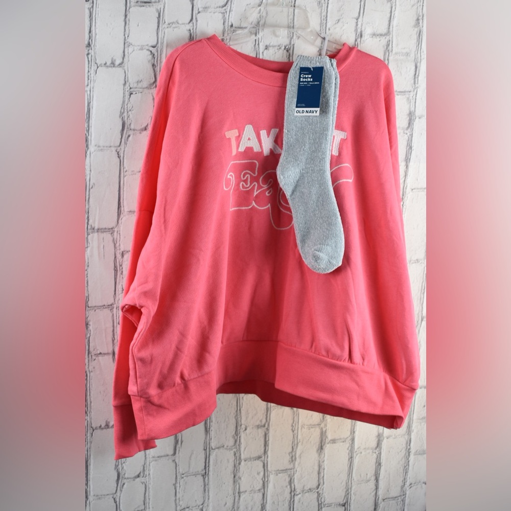 Old Navy Pink Embroidered Take it Easy Sweatshirt With Socks Set NWT- XXL